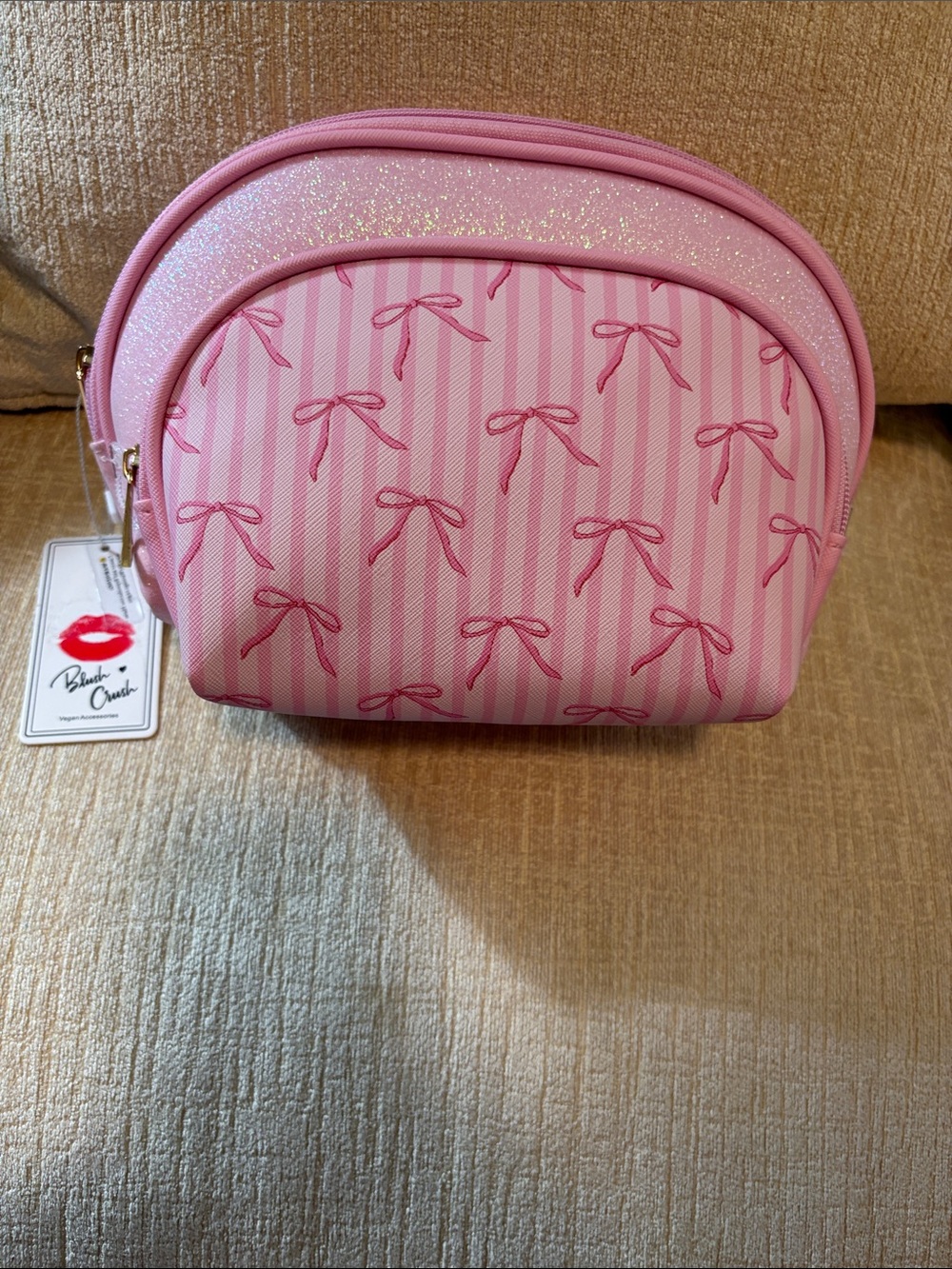 Pink Bow-Print Cosmetic Bag with Glitter Top